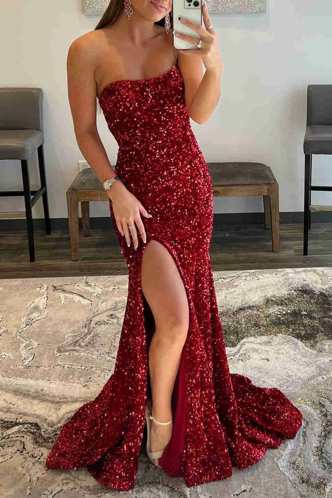 Burgundy Strapless Mermaid Sequined Long Prom Dress with Slit, Sparkly Formal Gown UQP0130