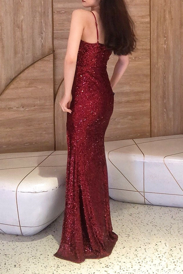 Burgundy Sequined Spaghetti Straps V Neck Prom Gown with Side Slit Sparkly Evening Dress UQP0101