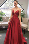 Simple Prom Gowns Spaghetti Straps A-line Satin Burgundy Prom Dresses UQP0087