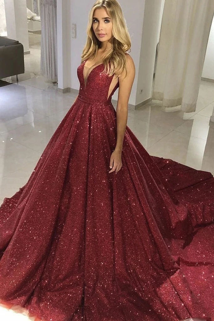 Burgundy Sparkly V Neck Long Prom Dress, Sequined Puffy Party Dress UQP0104