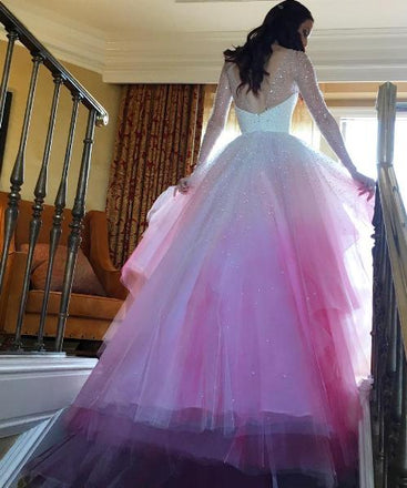 A-line Colorful Pink and White Long Sleeves Sheer Long Wedding Dress UQW0002