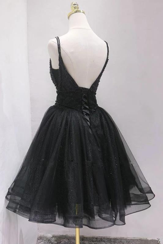 Black Tulle Beading Short Prom Dress, Puffy Black Straps Homecoming Dr Uniquedresss Black Tulle Beading Short Prom Dress, Puffy Black Straps Homecoming Dr Uniquedresss