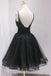 Black Tulle Beading Short Prom Dress, Puffy Black Straps Homecoming Dress UQ2148