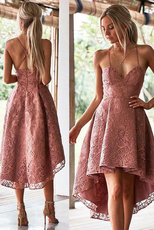 Chic Pink Lace High-Low Homecoming Dress, Spaghetti Straps Lace Homecoming Gown UQ2185