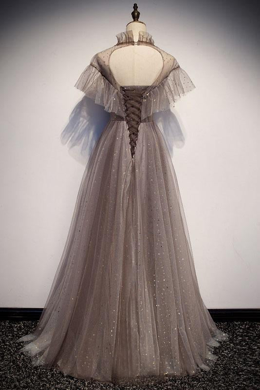 Floor Length High Neck Sparkly Prom Dress with Ruffles, A Line Shinny Evening Dress UQ2317