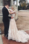 Gorgeous V Neck Long Sleeves Lace Appliques Wedding Dresses with Train UQ2373