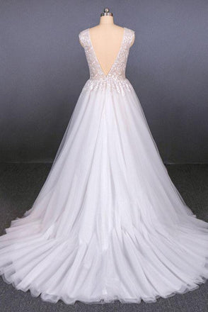 V Neck Tulle Wedding Dress with Lace Appliques, A Line Backless Bridal Dress UQ2287