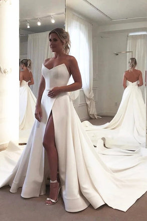 Strapless Bodice Corset Leg Slit Satin Wedding Dresses, Backless Long Bridal Dresses N1995