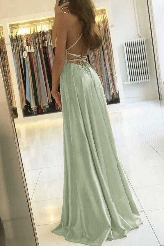 Simple A Line Sage Green Long Prom Dress With Slit Spaghetti Straps Evening Party Dress UQP0172