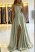 Simple A Line Sage Green Long Prom Dress With Slit Spaghetti Straps Evening Party Dress UQP0172