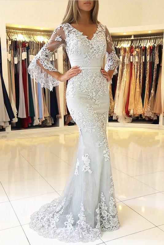 White V Neck Long Prom Dress, Mermaid Lace Appliqued Evening Dress with Sleeves N2026