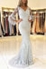 White V Neck Long Prom Dress, Mermaid Lace Appliqued Evening Dress with Sleeves N2026