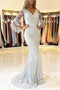 White V Neck Long Prom Dress, Mermaid Lace Appliqued Evening Dress with Sleeves UQ2026