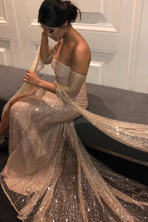 Unique Off the Shoulder Sheath Long Sleeveless Prom Gown, Sparkly Evening Dress UQP0157