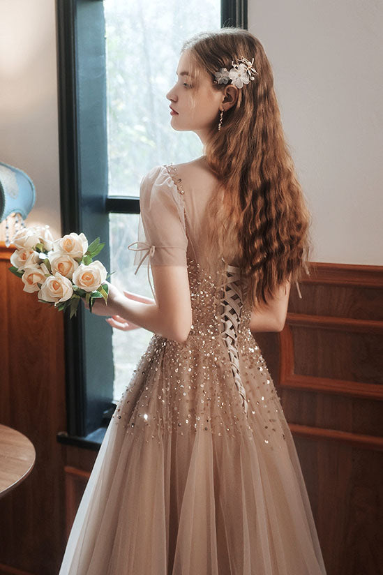 sheer neck prom dress A Line Beaded Tulle Prom Dress with Sequin, Sparkly Sheer Neck Formal Uniquedresss
