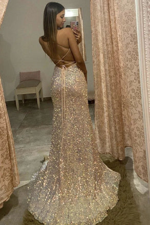 Sparkly Spaghetti Straps Mermaid Sequin Formal Dress, Long Prom Gown UQP0140