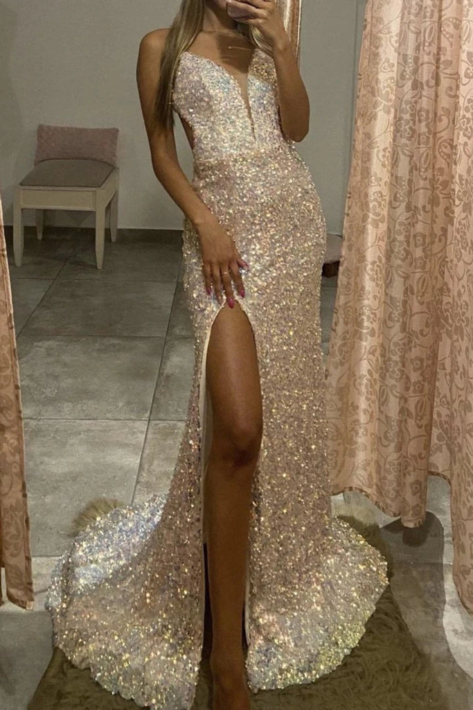 Sparkly Spaghetti Straps Mermaid Sequin Formal Dress, Long Prom Gown UQP0140