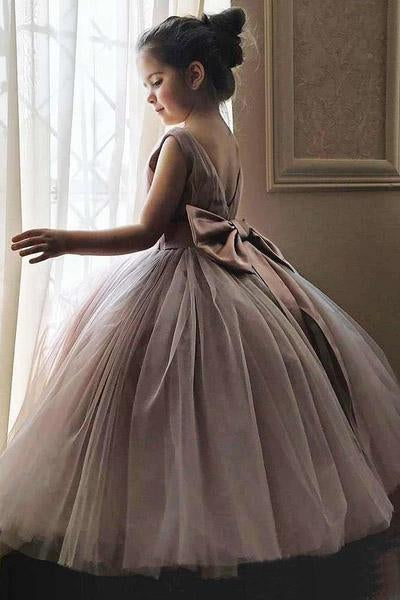 Cute Mauve Ball Gown Flower Girl Dresses with Bow on the Back UF069