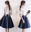 Dark Blue Knee Length Satin Homecoming Dress with Short Sleeves, Short Prom Dress with Lace UQ2223