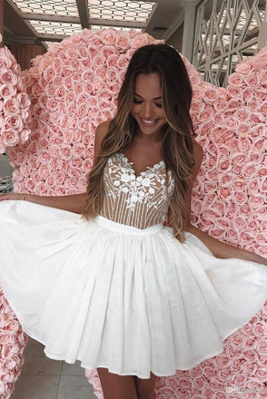 White Spaghetti Straps Homecoming Dress with Appliques, Cocktail Dresses UQH0042