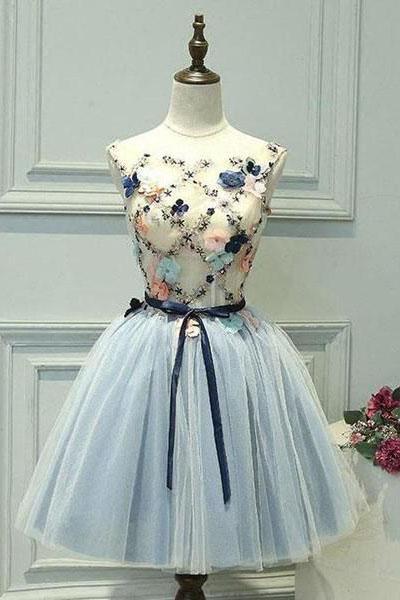 A-Line Blue Tulle Homecoming Dresses With Appliques, Cute Graduation Dress with Flower N2177