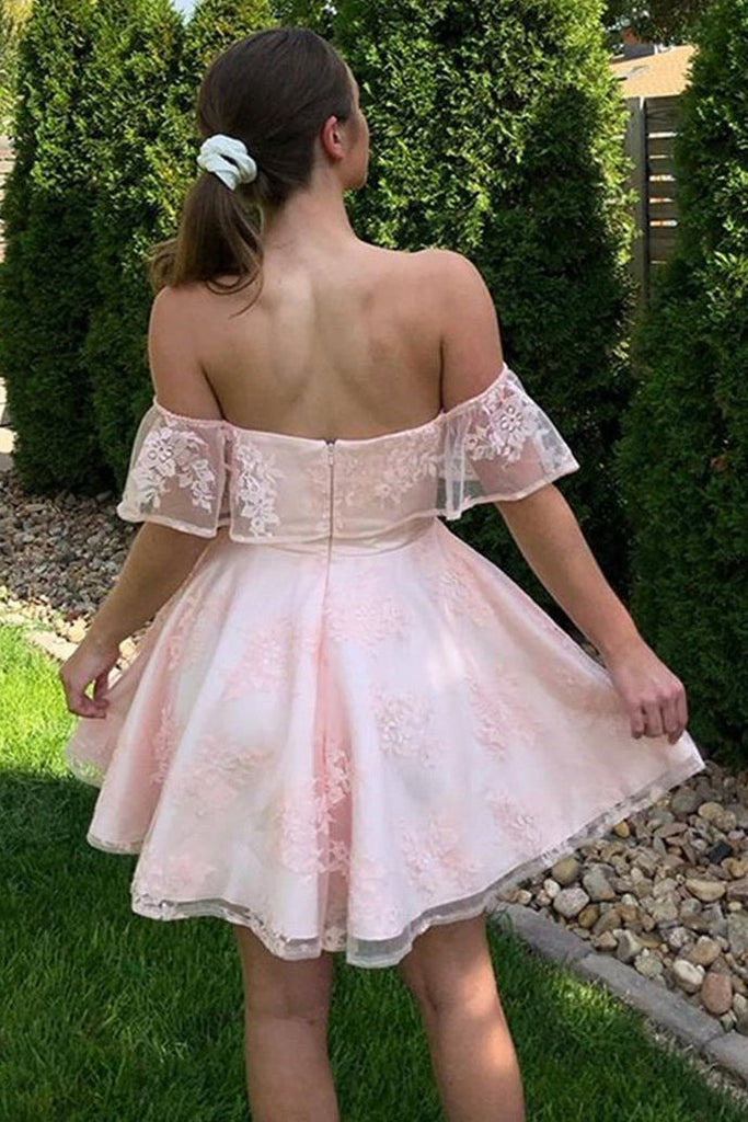 Light Pink Off the Shoulder Short Lace Homecoming Dress, A Line Cute Prom Gown UQH0105