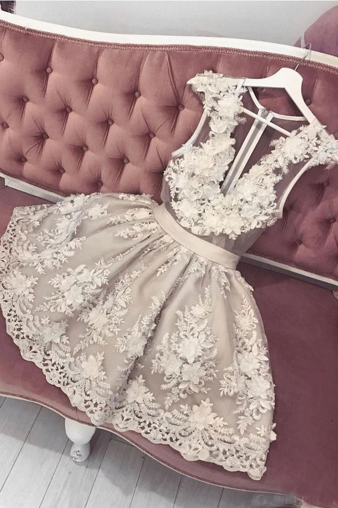 Cute V Neck Lace Short Prom Dress, Unique Homecoming Dress with FlowersUQH0011