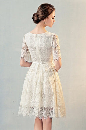 A Line Half Sleeves Lace Homecoming Dress, Cute Lace Sweet 16 Dress with Belt UQ1948