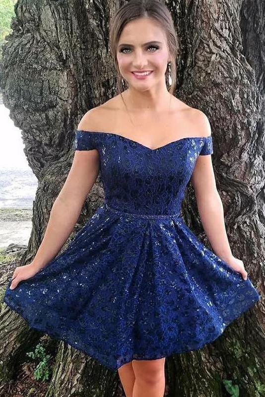 Dark Blue Off the Shoulder Lace Homecoming Dresses, Lace Short Prom Dress UQ1799