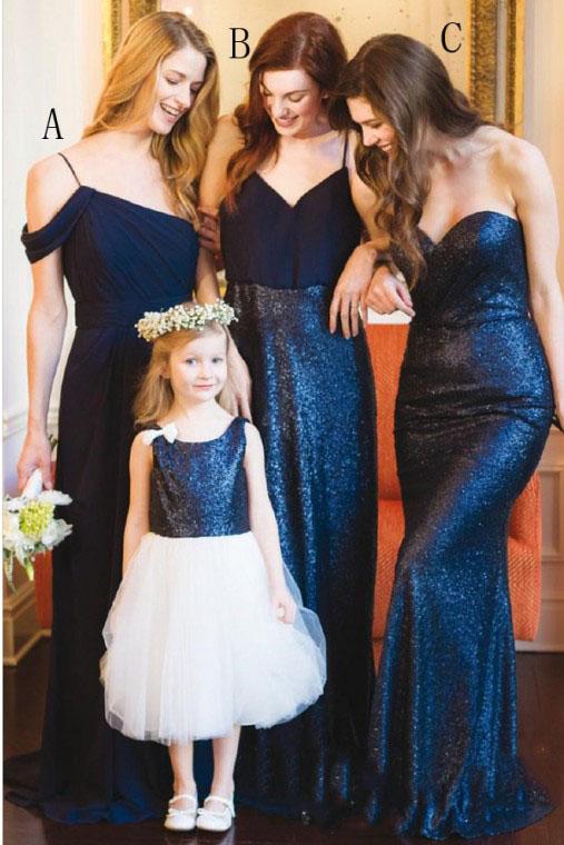 Dark Blue Long Chiffon Bridesmaid Dress with Sequin, Bridesmaid Dresses UQ2461