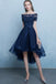 Dark Blue Off the Shoulder Tulle Homecoming Dress with Lace Appliques, High Low Dress UQ1725