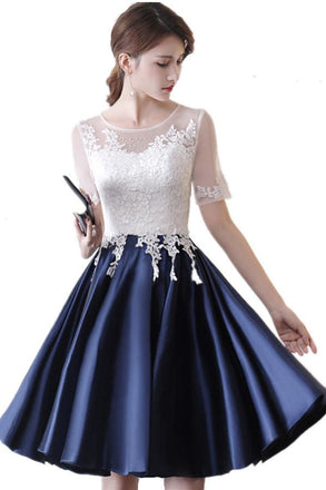 Dark Blue Knee Length Satin Homecoming Dress with Short Sleeves, Short Prom Dress with Lace N2223