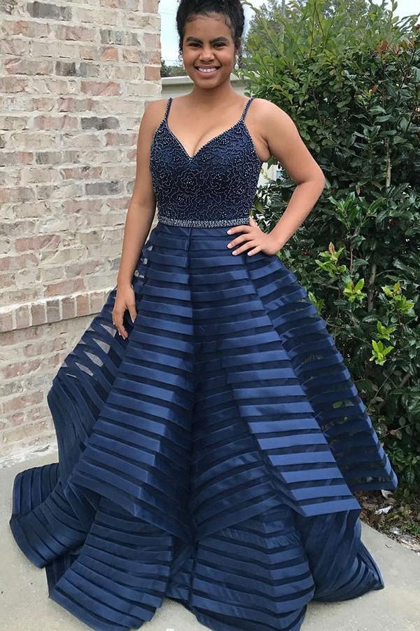 Dark Blue Spaghetti Straps Puffy Prom Dress with Beads, Unique Long Evening Dresses N1752