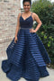 Dark Blue Spaghetti Straps Puffy Prom Dress with Beads, Unique Long Evening Dresses UQ1752