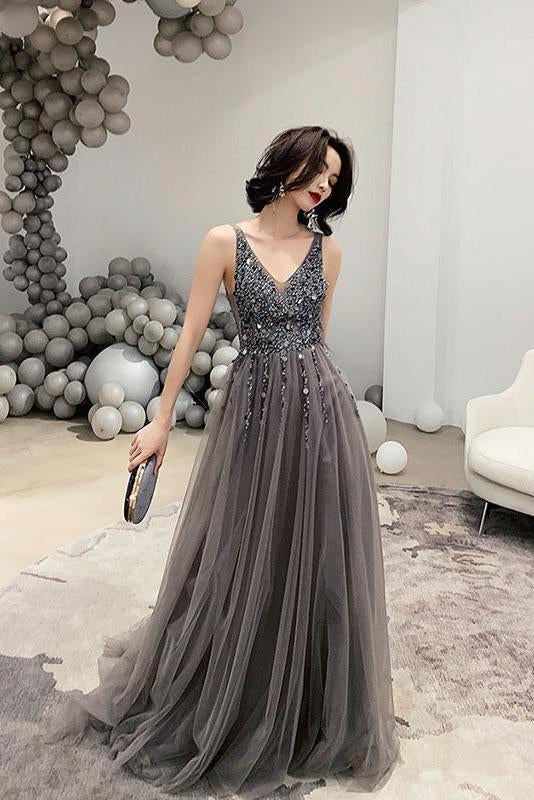 Dark Gray V Neck Sparkly Beading Prom Dress with Sequins, Long Tulle Prom Gown N1762