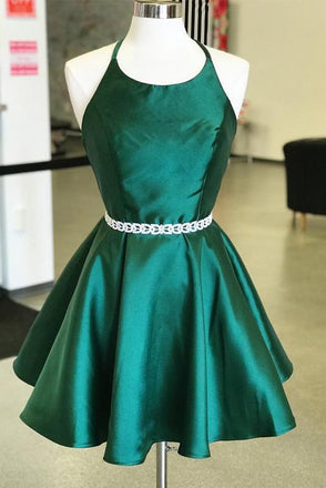 Dark Green Satin Spaghetti Strap Halter Open Back Short Homecoming Dresses N1803