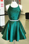 Dark Green Satin Spaghetti Strap Halter Open Back Short Homecoming Dresses UQ1803