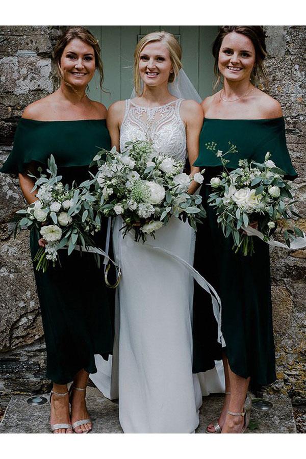 Dark Green Ankle Length Off Shoulder Bridesmaid Dresses, Chiffon Bridesmaid Dress UQ2386