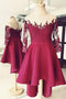Dark Red Sheer Neck Homecoming Dress, High Low Appliques Satin Short Prom Dress UQ1870