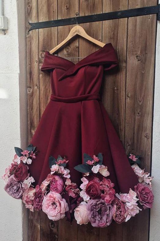 A-Line Off-the-shoulder Burgundy Juniors Short Homecoming Dress with Flowers UQ1844