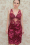Sheath V Neck Sleeveless Short Homecoming Dresses, Dark Red Lace Short Prom Dress UQ1801