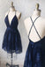 Navy Blue Deep V Neck Spaghetti Straps Homecoming Dresses, Short Lace Prom Dresses UQ1988