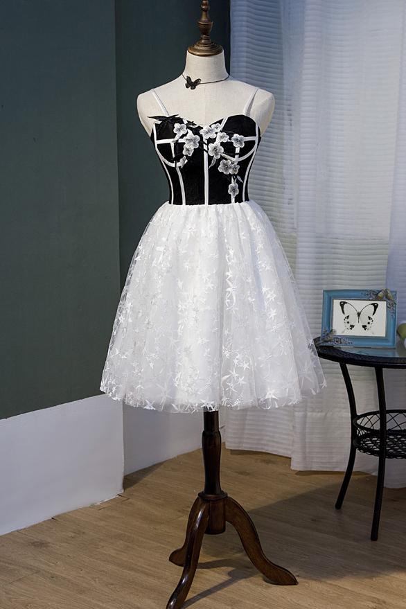 Spaghetti Straps Lace Sweet 16 Dress with Black Top, Cute Lace Homecoming Dress UQ1977