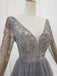A Line V Neck Long Sleeves Tulle Gray Prom Dress with Beading, Party Dresses UQ2578