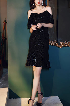 Black Sequined Spaghetti Straps Homecoming Dress, Shiny Mermaid Short Prom Dress UQH0063