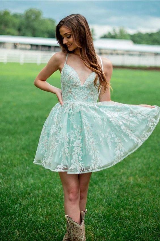 A-Line Mint Green Lace V Neck Spaghetti Straps Mini Party Homecoming D Uniquedresss A-Line Mint Green Lace V Neck Spaghetti Straps Mini Party Homecoming D Uniquedresss