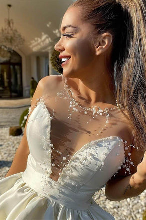 A-Line Illusion Neck Ivory Short Homecoming Dress with Beads UQH0072