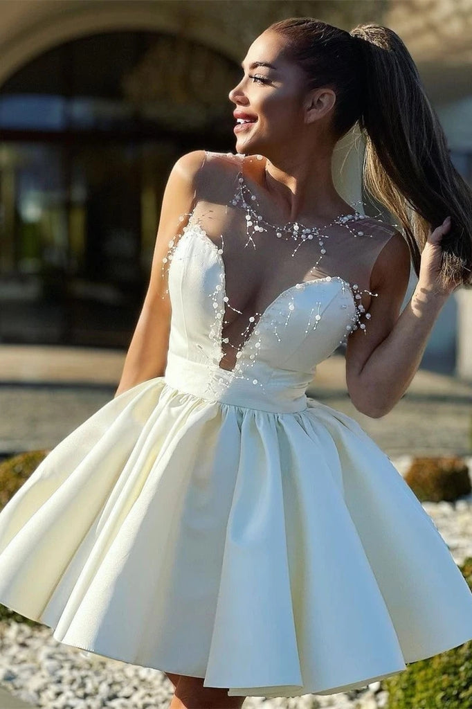 A-Line Illusion Neck Ivory Short Homecoming Dress with Beads UQH0072