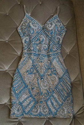 Gorgeous Sparkly V Neck Crystal Beaded Sheath Short Homecoming Dresses N1936