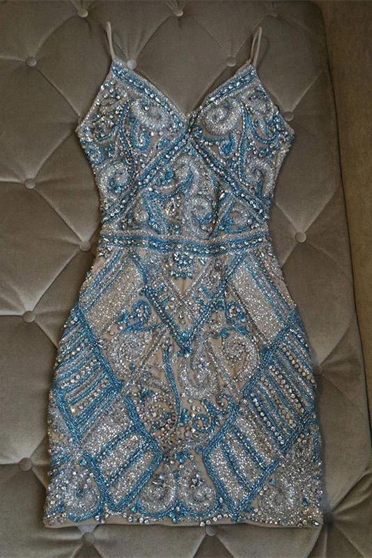 Gorgeous Sparkly V Neck Crystal Beaded Sheath Short Homecoming
